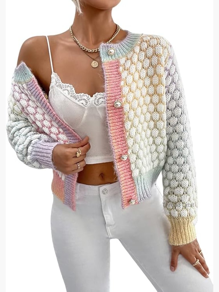 Cropped Cardigan Knit Tweed Sweater Jacket Button Up Long Sleeve Lightweight